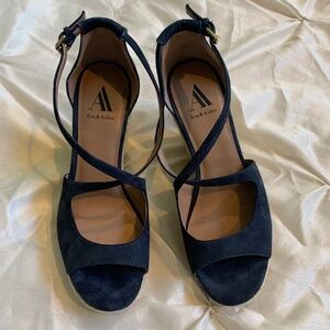Ava & Aiden Blue Suede Leather Platform Wedge Sandals sz 8.5M